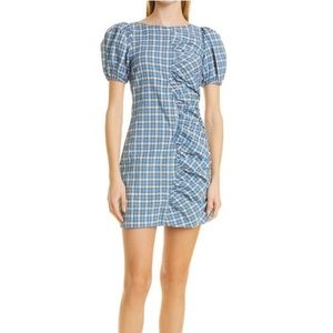 Gathered checked seersucker mini dress